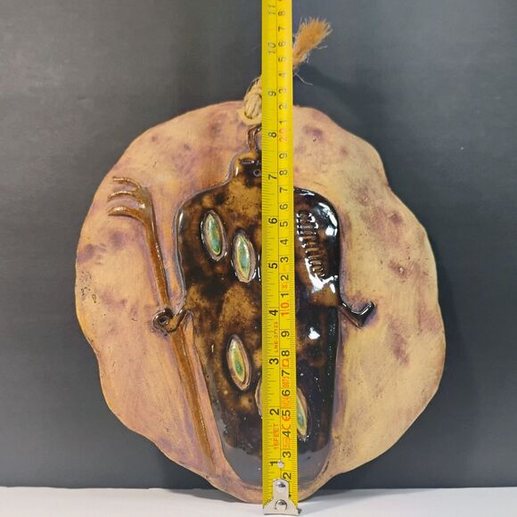 Vtg Art Stone Pottery Wall Plaque Abstract Ethnic Silhouette Holds Staff Glazed - Picture 8 of 10